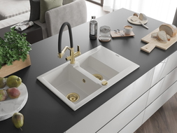 Mexen Gaspar granite sink 1.5-bowl with drainer and Duo kitchen faucet, white - 6507-20-671701-57-G