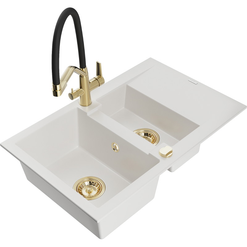 Mexen Gaspar 1.5-bowl granite sink with drainer and Duo kitchen faucet, white - 6507-20-671701-57-G