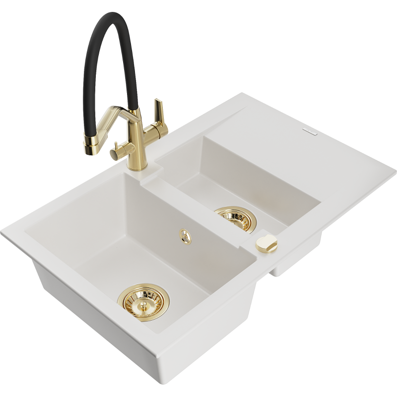 Mexen Gaspar 1.5-bowl granite sink with drainer and Duo kitchen tap, white - 6507-20-671701-57-G