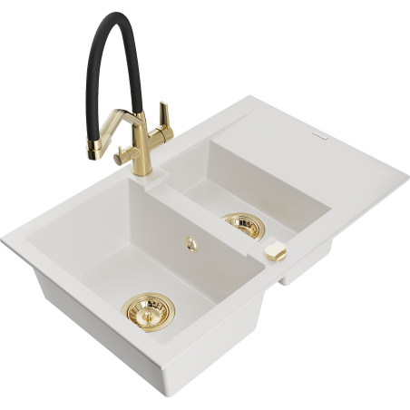 Mexen Gaspar 1.5-compartment granite sink with a drip tray and kitchen mixer tap Duo, white - 6507-20-671701-57-G