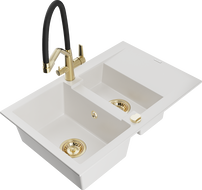 Mexen Gaspar 1.5-bowl granite sink with drainer and Duo kitchen faucet, white - 6507-20-671701-57-G