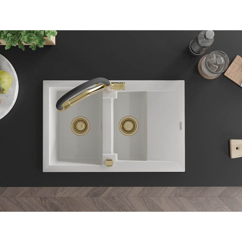 Mexen Gaspar granite sink 1.5-bowl with drainer and Duo kitchen faucet, white - 6507-20-671701-57-G