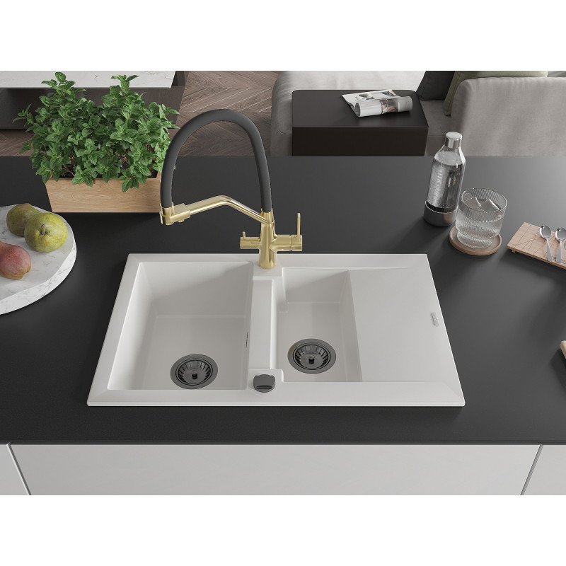 Mexen Gaspar granite sink 1.5-bowl with drainer and Duo kitchen faucet, white - 6507-20-671701-57-B
