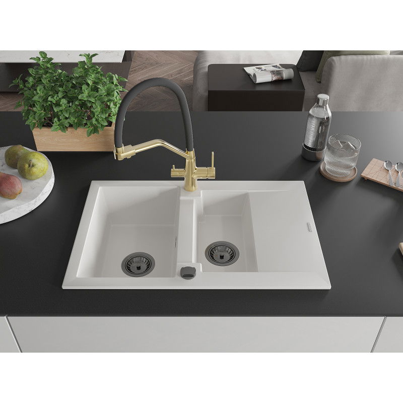 Mexen Gaspar granite sink 1.5-bowl with drainer and Duo kitchen tap, white - 6507-20-671701-57-B
