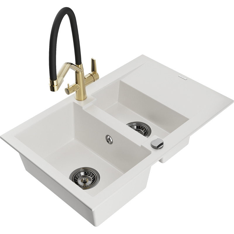 Mexen Gaspar granite sink 1.5-bowl with drainer and Duo kitchen faucet, white - 6507-20-671701-57-B