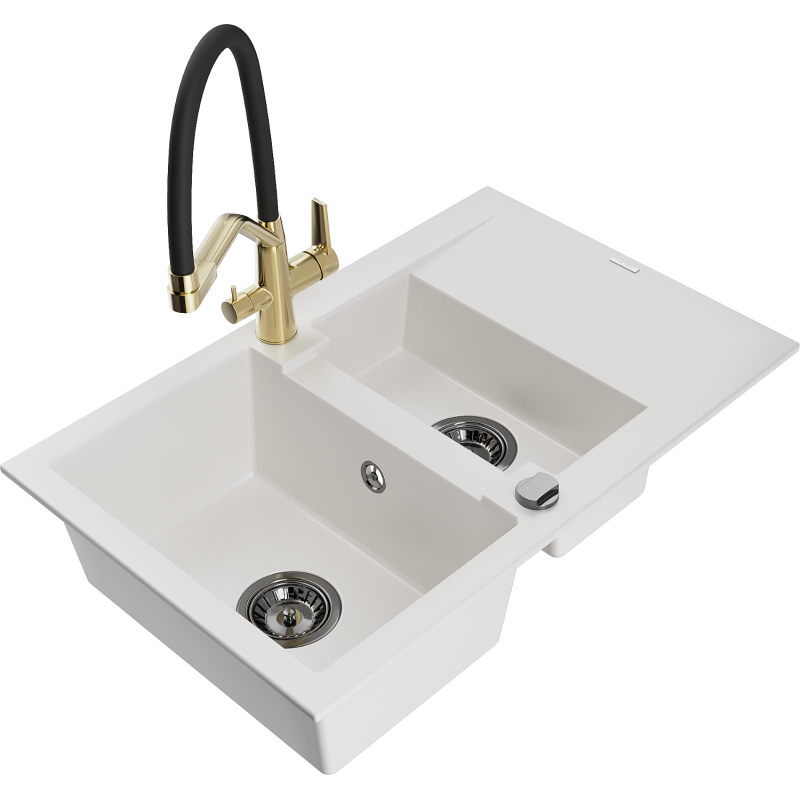 Mexen Gaspar granite sink 1.5-bowl with drainer and Duo kitchen tap, white - 6507-20-671701-57-B