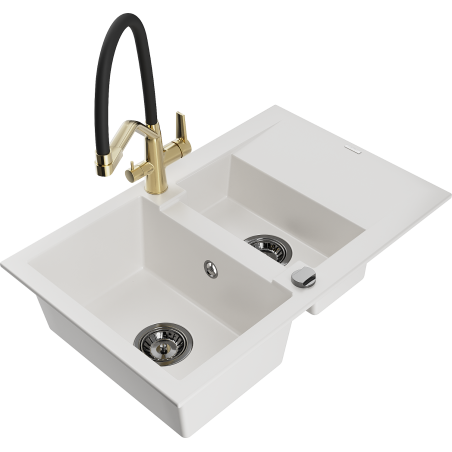 Mexen Gaspar 1.5-compartment granite sink with a drip tray and kitchen mixer tap Duo, white - 6507-20-671701-57-B