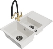 Mexen Gaspar 1.5-compartment granite sink with a drip tray and kitchen mixer tap Duo, white - 6507-20-671701-57-B