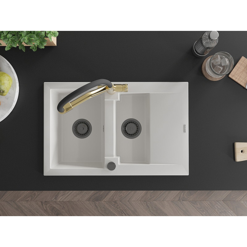 Mexen Gaspar granite sink 1.5-bowl with drainer and Duo kitchen faucet, white - 6507-20-671701-57-B