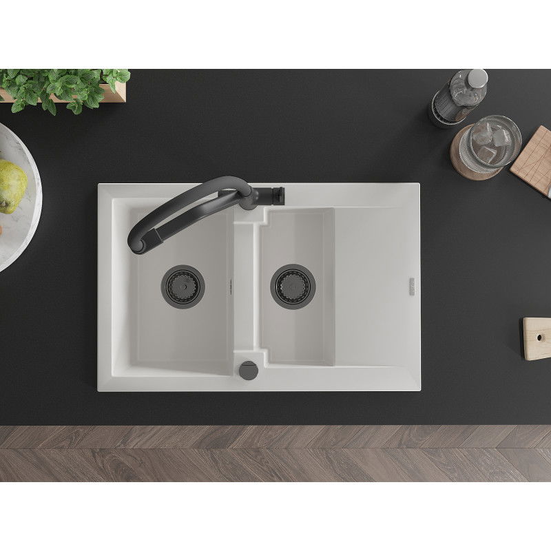 Mexen Gaspar granite sink 1.5-bowl with drainer and Duo kitchen tap, white - 6507-20-671701-70-B