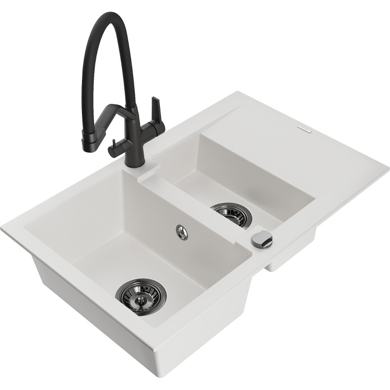 Mexen Gaspar 1.5-bowl granite sink with drainer and Duo kitchen faucet, white - 6507-20-671701-70-B