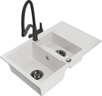 Mexen Gaspar 1.5-compartment granite sink with a drip tray and kitchen mixer tap Duo, white - 6507-20-671701-70-B