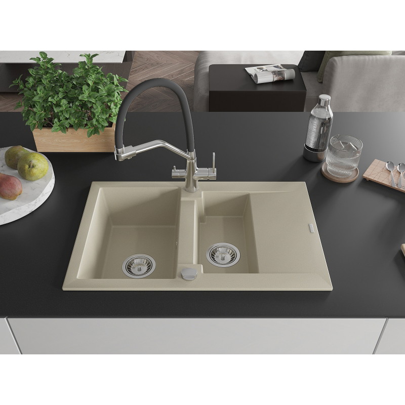 Mexen Gaspar 1.5-bowl granite sink with drainer and Duo kitchen faucet, beige - 6507-69-671701-07