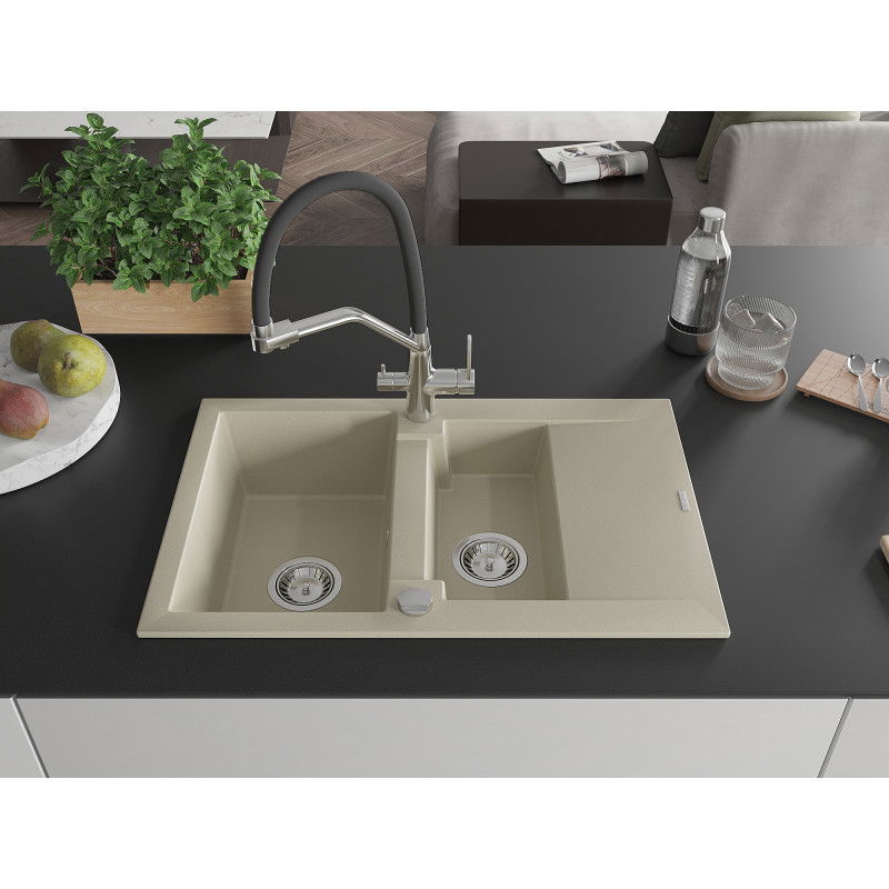 Mexen Gaspar 1.5-bowl granite sink with drainer and Duo kitchen tap, beige - 6507-69-671701-07