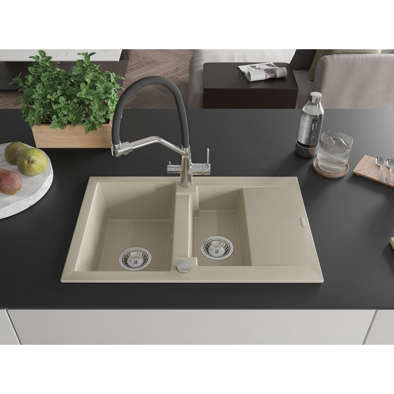Mexen Gaspar granite sink 1.5-bowl with drainer and Duo kitchen faucet, beige - 6507-69-671701-07