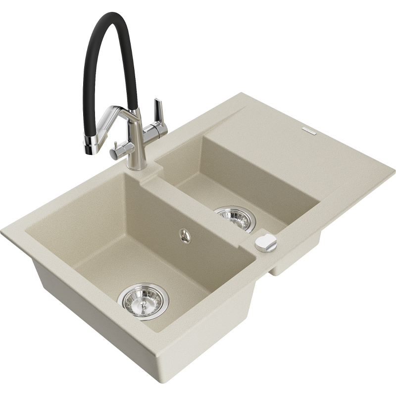 Mexen Gaspar 1.5-bowl granite sink with drainer and Duo kitchen tap, beige - 6507-69-671701-07