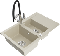 Mexen Gaspar 1.5-compartment granite sink with a drip tray and kitchen mixer tap Duo, Beige - 6507-69-671701-07