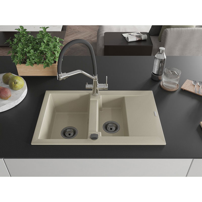 Mexen Gaspar granite sink 1.5-bowl with drainer and Duo kitchen tap, beige - 6507-69-671701-07-B