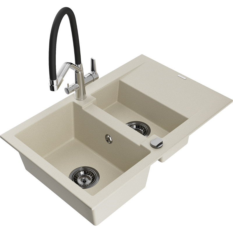Mexen Gaspar 1.5-compartment granite sink with a drip tray and kitchen mixer tap Duo, Beige - 6507-69-671701-07-B