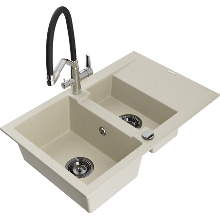 Mexen Gaspar granite sink 1.5-bowl with drainer and Duo kitchen tap, beige - 6507-69-671701-07-B