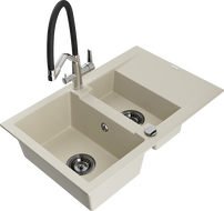 Mexen Gaspar 1.5-compartment granite sink with a drip tray and kitchen mixer tap Duo, Beige - 6507-69-671701-07-B