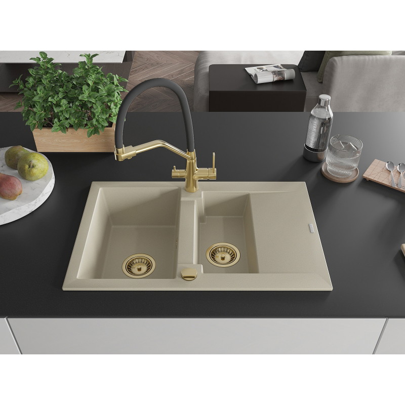 Mexen Gaspar 1.5-bowl granite sink with drainer and Duo kitchen faucet, beige - 6507-69-671701-57-G