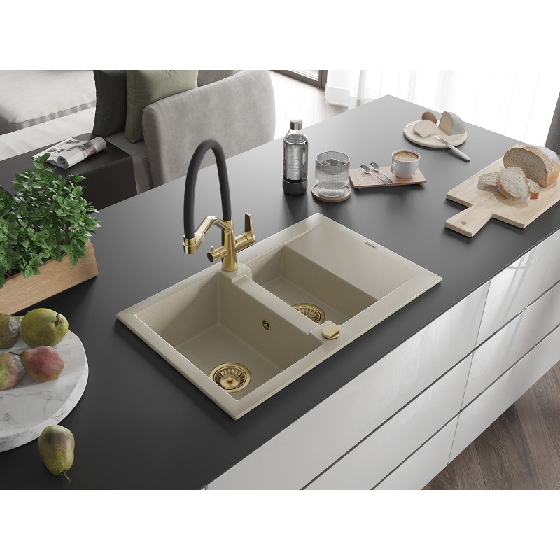 Mexen Gaspar 1.5-bowl granite sink with drainer and Duo kitchen faucet, beige - 6507-69-671701-57-G