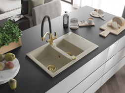 Mexen Gaspar 1.5-bowl granite sink with drainer and Duo kitchen faucet, beige - 6507-69-671701-57-G