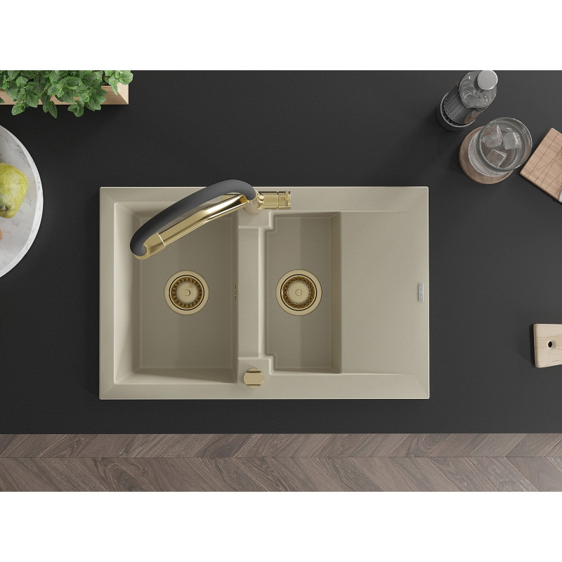 Mexen Gaspar 1.5-bowl granite sink with drainer and Duo kitchen faucet, beige - 6507-69-671701-57-G