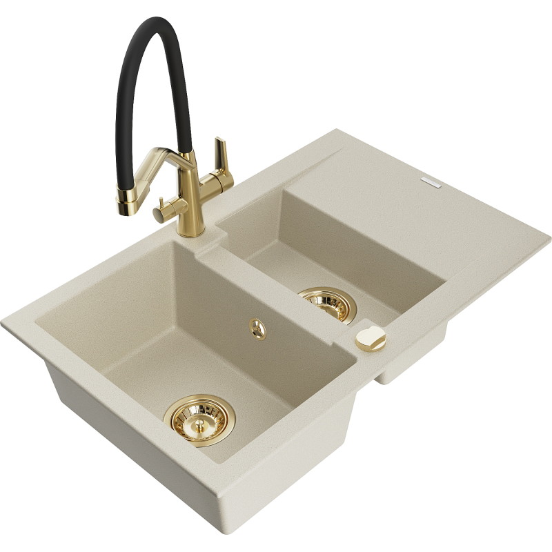 Mexen Gaspar 1.5-bowl granite sink with drainer and Duo kitchen faucet, beige - 6507-69-671701-57-G