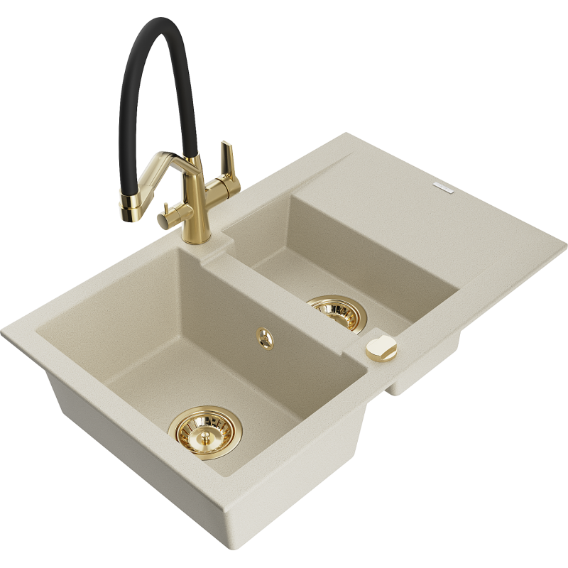 Mexen Gaspar granite sink, 1.5-bowl with drainer and Duo kitchen tap, beige - 6507-69-671701-57-G