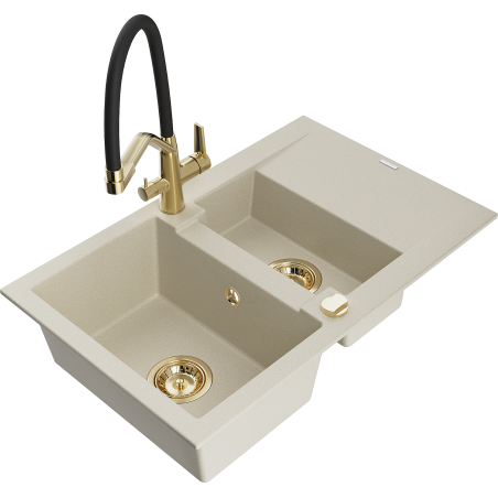 Mexen Gaspar granite sink, 1.5-bowl with drainer and Duo kitchen tap, beige - 6507-69-671701-57-G
