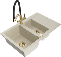 Mexen Gaspar granite sink, 1.5-bowl with drainer and Duo kitchen tap, beige - 6507-69-671701-57-G