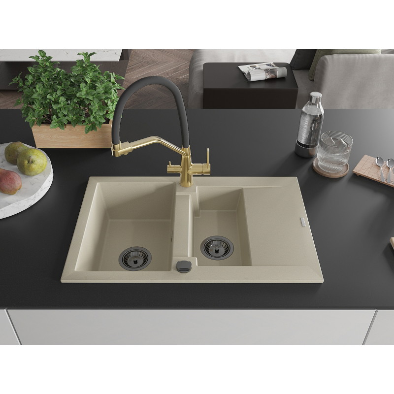 Mexen Gaspar granite kitchen sink 1.5-bowl with drainer and Duo kitchen faucet, beige - 6507-69-671701-57-B