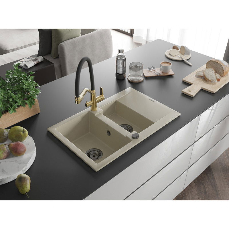 Mexen Gaspar 1.5-bowl granite sink with drainer and Duo kitchen tap, beige - 6507-69-671701-57-B