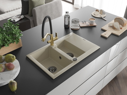 Mexen Gaspar 1.5-compartment granite sink with a drip tray and kitchen mixer tap Duo, Beige - 6507-69-671701-57-B