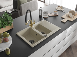 Mexen Gaspar granite kitchen sink 1.5-bowl with drainer and Duo kitchen faucet, beige - 6507-69-671701-57-B