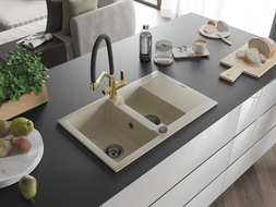 Mexen Gaspar granite sink 1.5-bowl with drainer and Duo kitchen faucet, beige - 6507-69-671701-57-B
