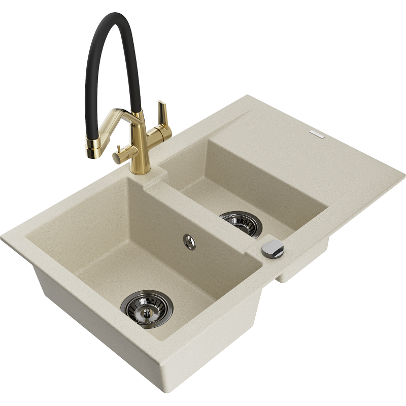 Mexen Gaspar 1.5-bowl granite sink with drainer and Duo kitchen tap, beige - 6507-69-671701-57-B