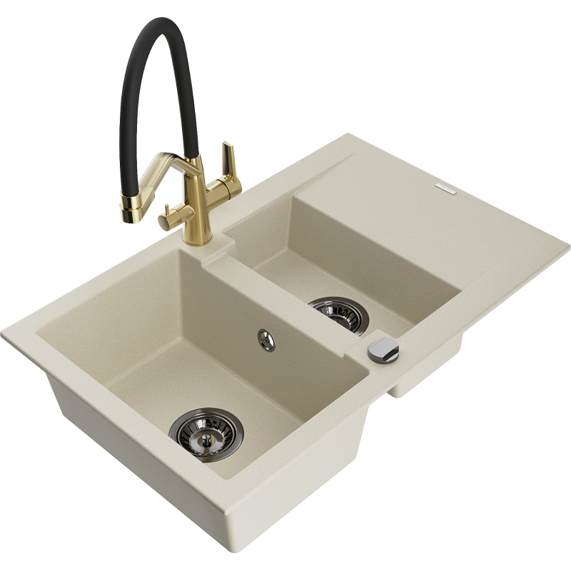 Mexen Gaspar 1.5-compartment granite sink with a drip tray and kitchen mixer tap Duo, Beige - 6507-69-671701-57-B