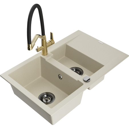 Mexen Gaspar 1.5-bowl granite sink with drainer and Duo kitchen tap, beige - 6507-69-671701-57-B