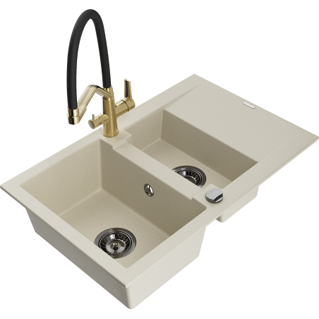Mexen Gaspar 1.5-compartment granite sink with a drip tray and kitchen mixer tap Duo, Beige - 6507-69-671701-57-B