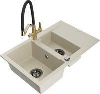 Mexen Gaspar 1.5-compartment granite sink with a drip tray and kitchen mixer tap Duo, Beige - 6507-69-671701-57-B