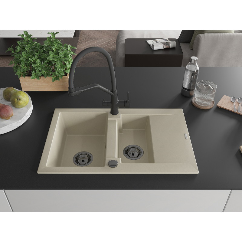 Mexen Gaspar 1.5-bowl granite sink with drainer and Duo kitchen faucet, beige - 6507-69-671701-70-B