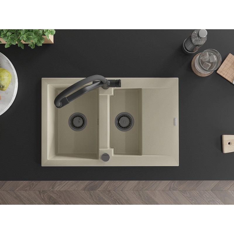 Mexen Gaspar 1.5-bowl granite sink with drainer and Duo kitchen faucet, beige - 6507-69-671701-70-B