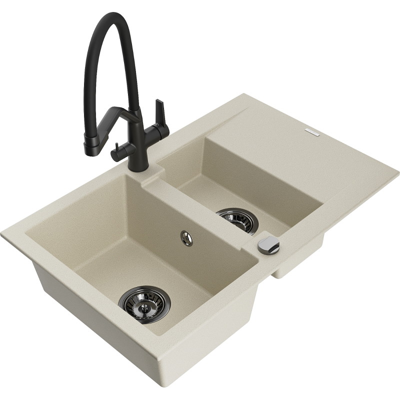 Mexen Gaspar 1.5-bowl granite sink with drainer and Duo kitchen faucet, beige - 6507-69-671701-70-B