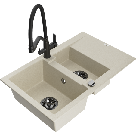 Mexen Gaspar 1.5-bowl granite sink with drainer and Duo kitchen tap, beige - 6507-69-671701-70-B