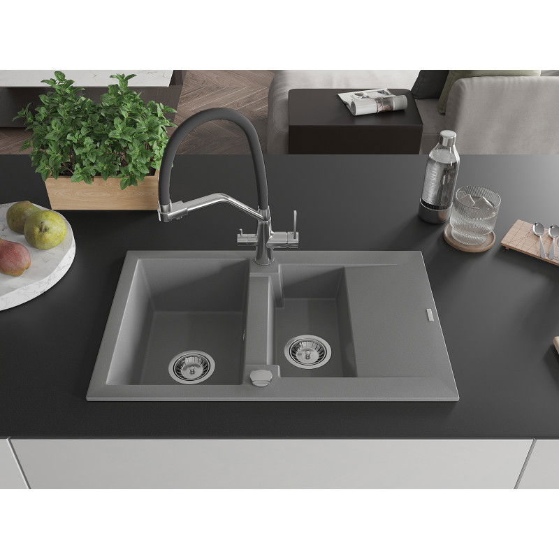 Mexen Gaspar granite sink 1.5-bowl with drainer and Duo kitchen tap, grey - 6507-71-671701-07