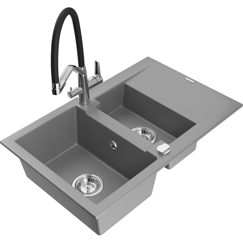 Mexen Gaspar granite sink 1.5-bowl with drainer and Duo kitchen tap, grey - 6507-71-671701-07