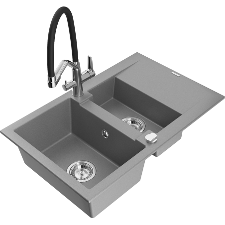 Mexen Gaspar 1.5-compartment granite sink with a drip tray and kitchen mixer tap Duo, grey - 6507-71-671701-07